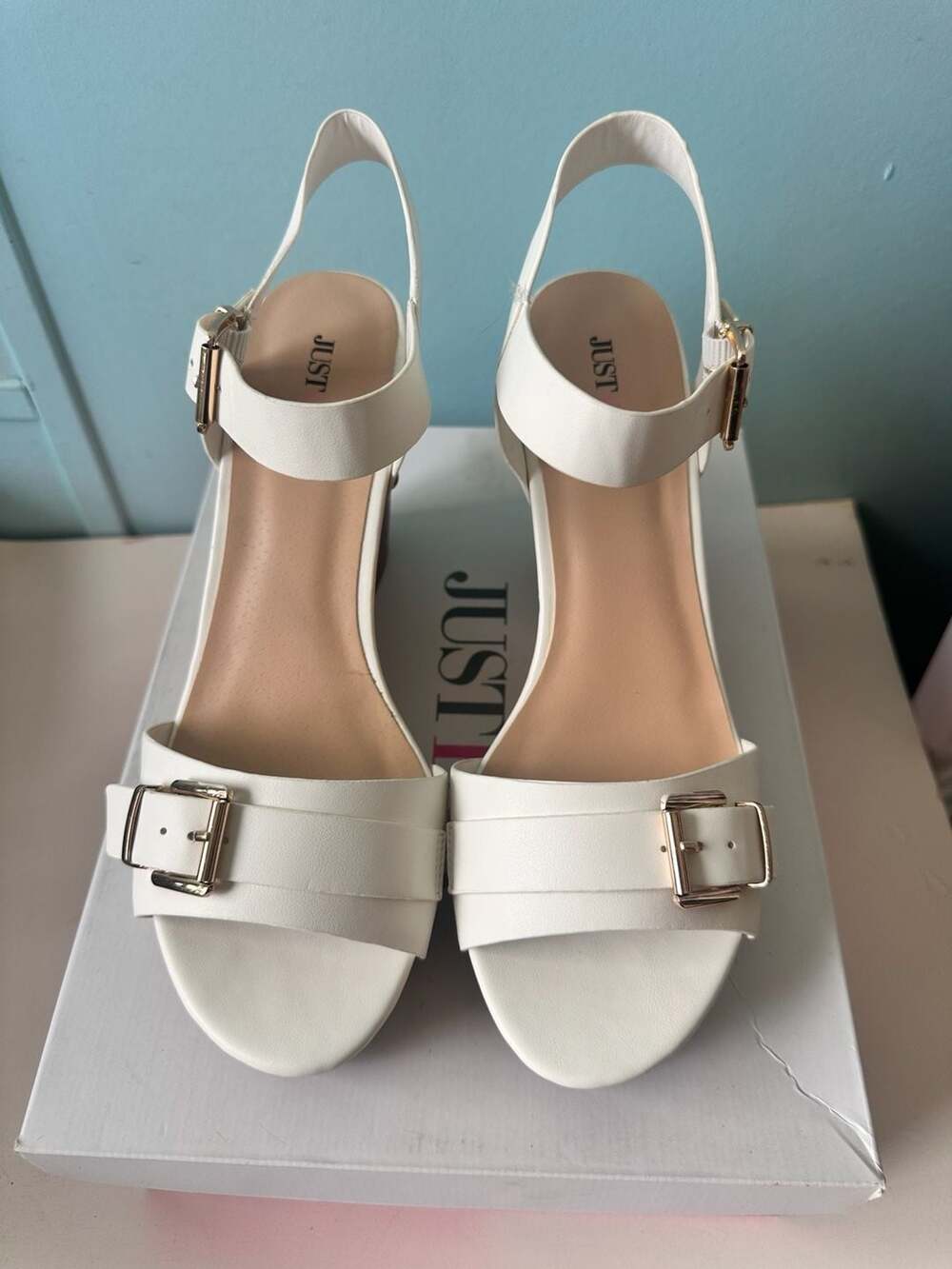 Just Fab Junipera Wedge Sandals Size US 10 White Buckle Ankle Strap